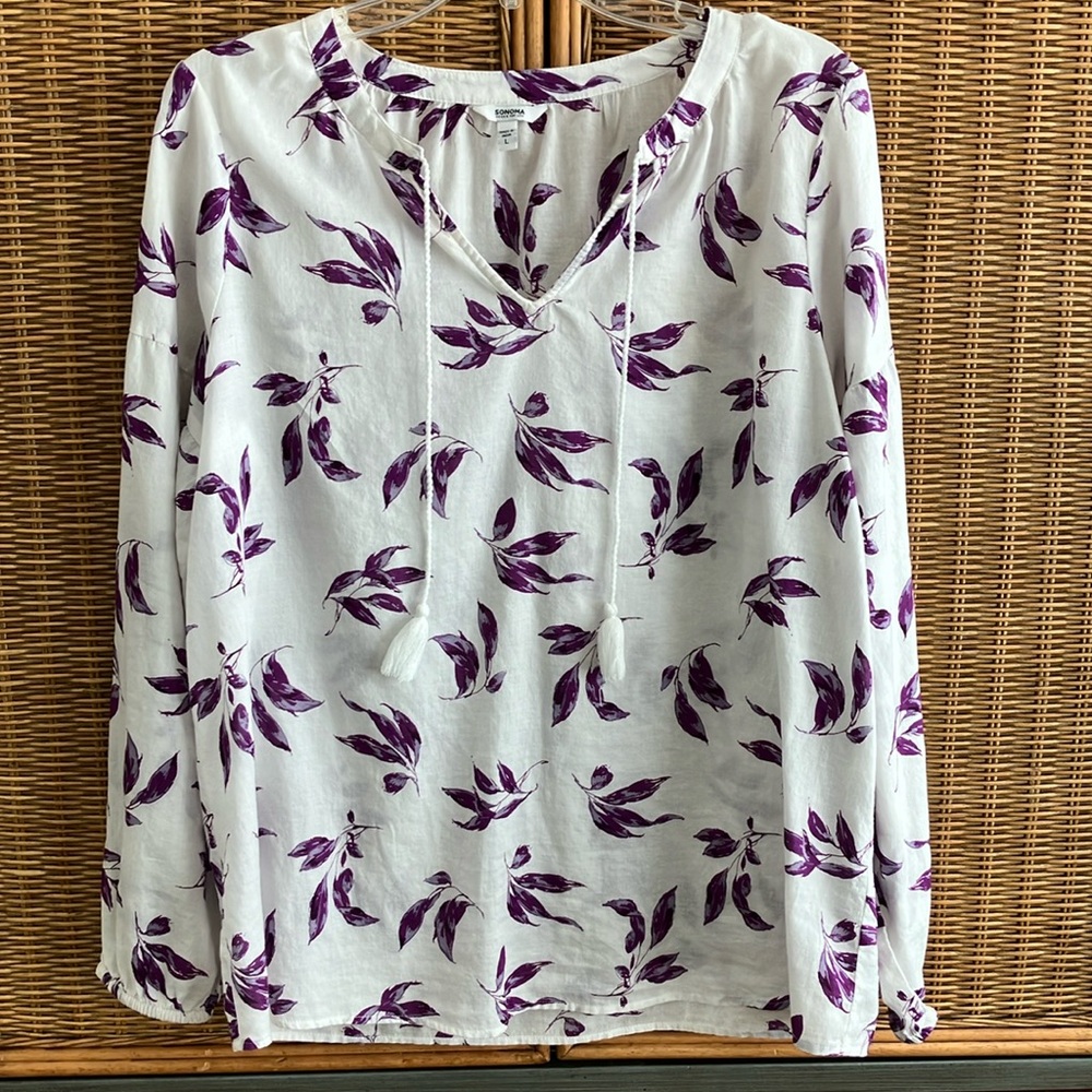 Purple and White Relaxed Tie Front Blouse